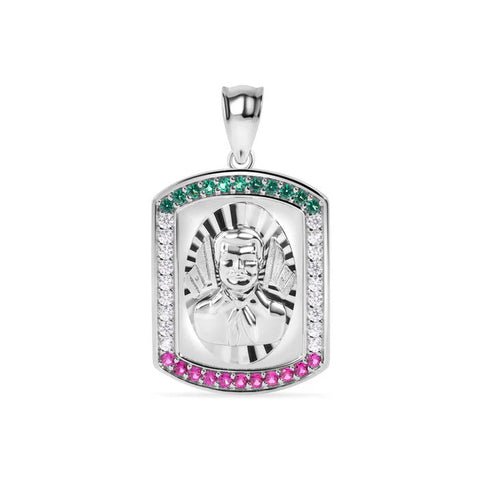 Sterling Silver Rhodium Plated Malverde Diamond Cut Green Red And Clear Pendant