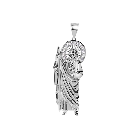 Sterling Silver Rhodium Plated Saint Jude Clear CZ Pendant