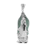 Sterling Silver Rhodium Plated Virgin Mary 3D Green CZ Large Pendant