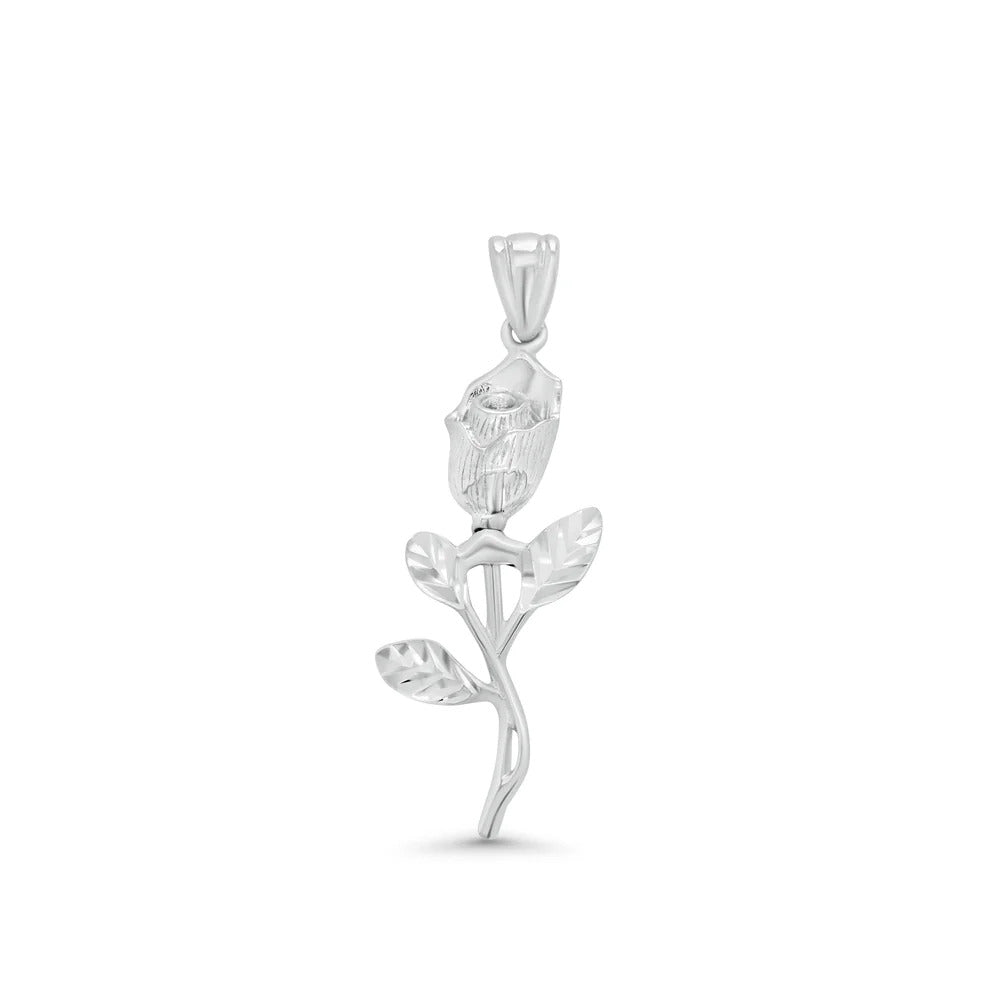 Sterling Silver Rhodium Plated Diamond Cut Rose Stem Pendant