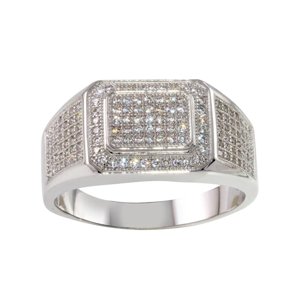 Sterling Silver Rhodium Plated Men's Ring with CZ, Size 12