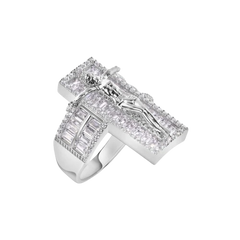 Sterling Silver Rhodium Plated Cross Baguette Cut Clear CZ Ring