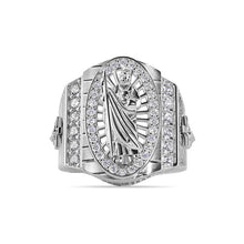 Load image into Gallery viewer, Sterling Silver Rhodium Plated Clear CZ Men's Embossed Saint Jude Oval Top Round Clear Cross Ring