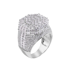 Sterling Silver Rhodium Plated Statement Baguette Clear CZ Studded Octagon Top Ring