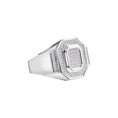 Sterling Silver Rhodium Plated Men's Embossed Octagon Top Round Cut Clear CZ Ring