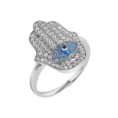 Sterling Silver Rhodium Plated Hamsa Evil Eye Clear Turquoise CZ Studded Ring