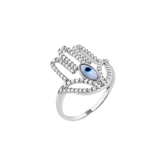Sterling Silver Rhodium Plated Hamsa Evil Eye Cutout Clear Turquoise CZ Studded Ring