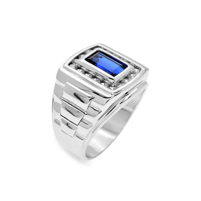Sterling Silver Rhodium Plated Clear CZ And Sapphire Baguette Men's Ring