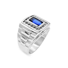 Load image into Gallery viewer, Sterling Silver Rhodium Plated Clear CZ And Sapphire Baguette Men's Ring
