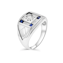 Load image into Gallery viewer, Sterling Silver Rhodium Plated Men's Square Sapphire And Clear CZ Ring