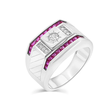 Load image into Gallery viewer, Sterling Silver Rhodium Plated Men's Rectangle Sun Ruby And Clear CZ Ring