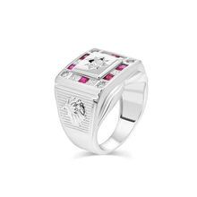Load image into Gallery viewer, Sterling Silver Rhodium Plated Men's Square Lion Sun Ruby And Clear CZ Ring