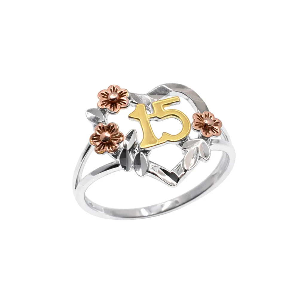 Sterling Silver Three Tone Plated Quinceanera Heart Flower Accents Ring
