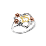 Sterling Silver Three Tone Plated Quinceanera Heart Flower Accents Ring
