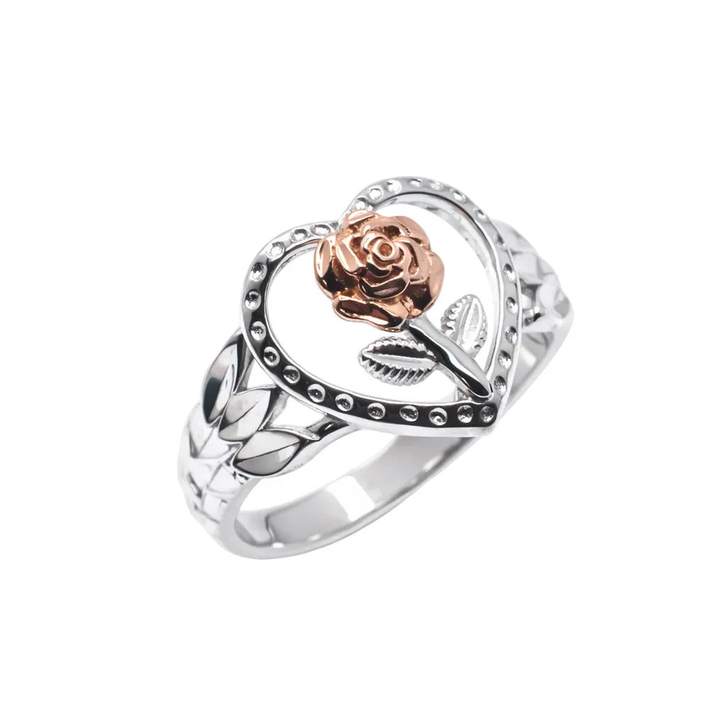 Sterling Silver Two Tone Plated Rose Inside Beaded Heart Ring