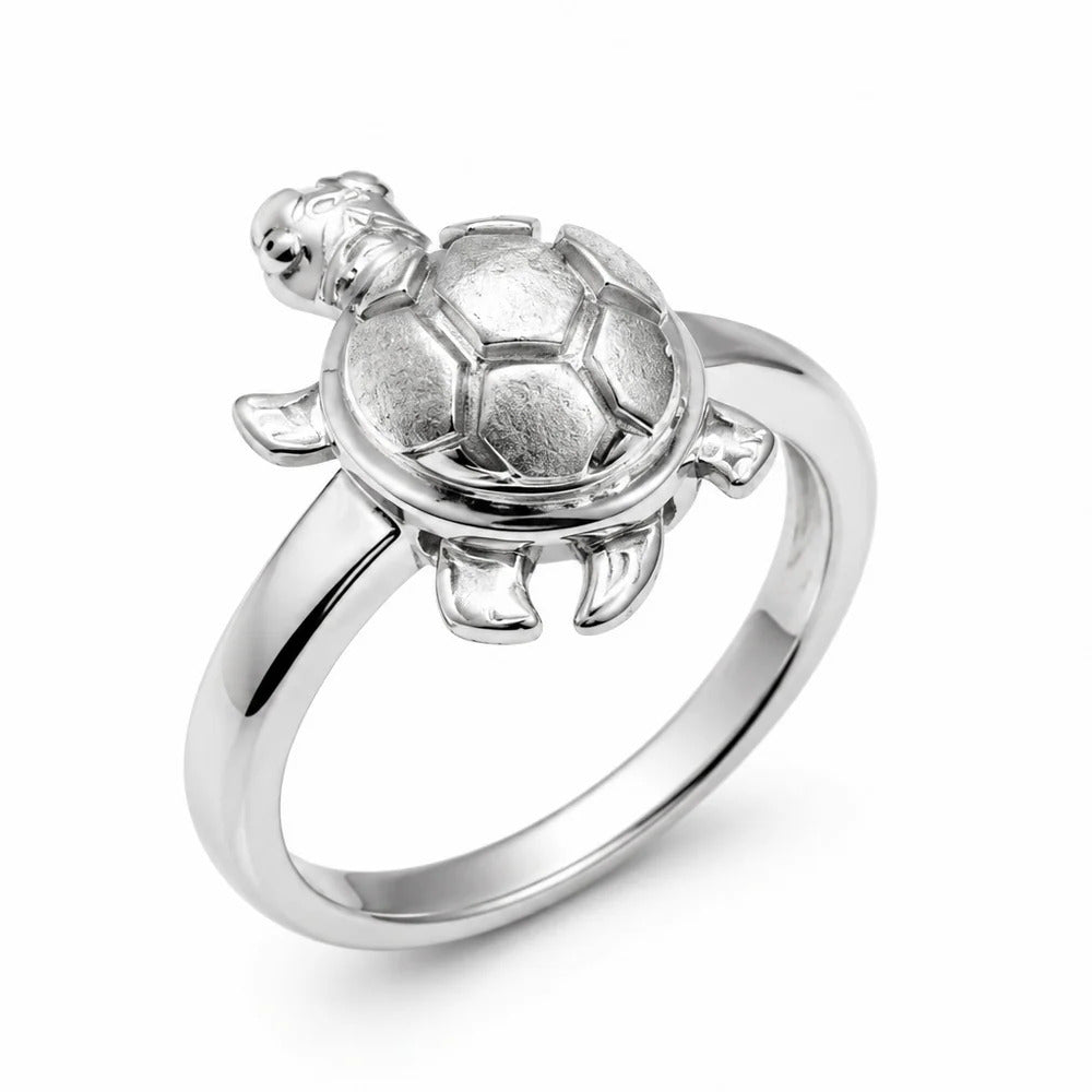 Sterling Silver Rhodium Plated Good Luck Turtle Ring