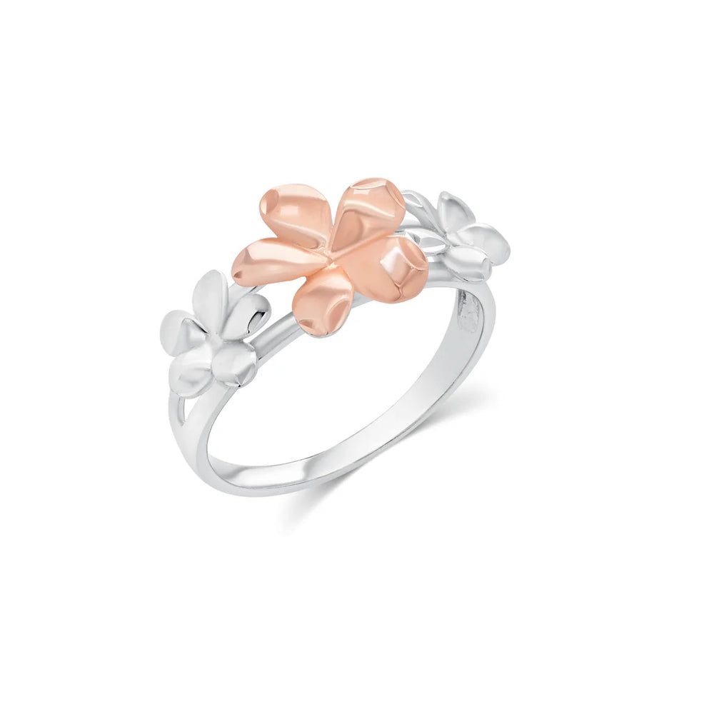 Sterling Silver Rose Gold And Rhodium Plated Multi Flower Ring