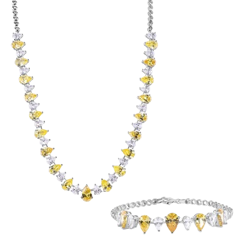 Sterling Silver Rhodium Plated Clear and Citrine Pear Cut CZ Necklace and Bracelet Set