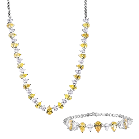 Sterling Silver Rhodium Plated Clear and Citrine Pear Cut CZ Necklace and Bracelet Set