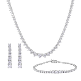 Sterling Silver Rhodium Plated Clear CZ Tennis Necklace Bracelet and Climbing Earring Set