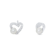 Load image into Gallery viewer, Sterling Silver Rhodium Plated Assymetrical Heart Synthetic Pearl And Clear CZ Stud Earring