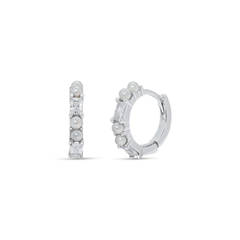 Sterling Silver Rhodium Plated Synthetic Pearl Baguette Clear CZ Hoop Earring