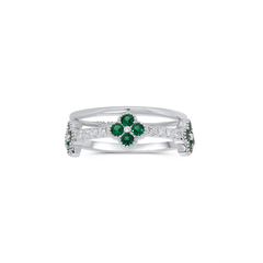 Sterling Silver Rhodium Plated Triple Clover Plain Rounded Band Clear And Green CZ Ring