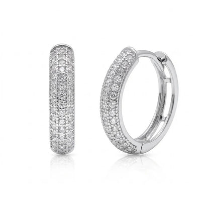Sterling Silver Rhodium Plated Lab Grown Diamond Multi Row Pave Huggie Hoop Earrings