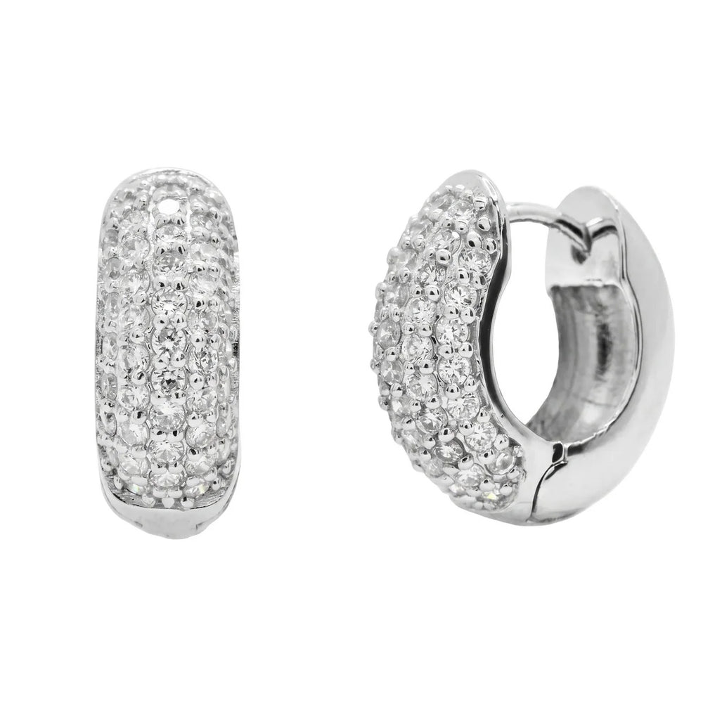 Sterling Silver Rhodium Plated Lab Grown Diamond Iced Out Double Row CZ Huggie Hoop Earrings