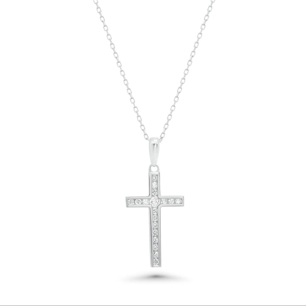 Sterling Silver Rhodium Plated Dainty Lab Grown Diamond Cross Pendant Necklace