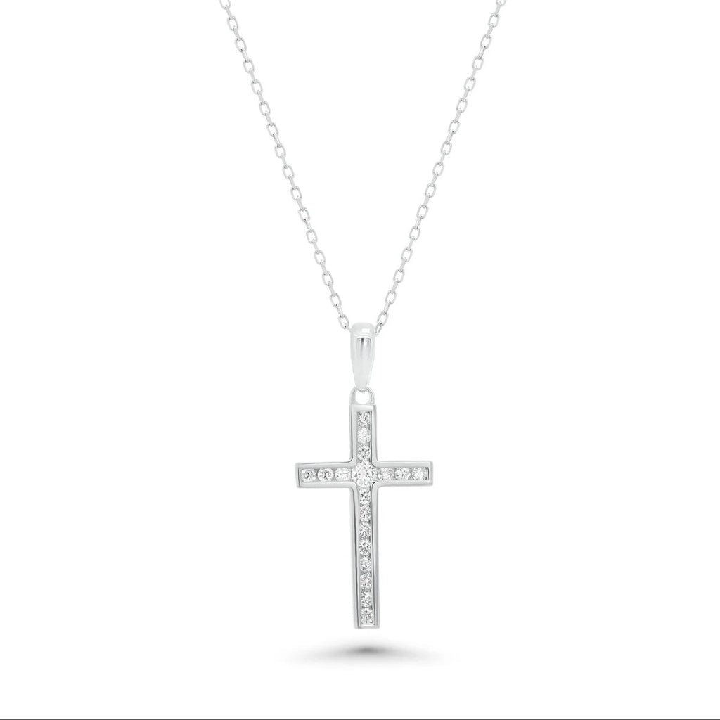 Sterling Silver Rhodium Plated Dainty Lab Grown Diamond Cross Pendant Necklace