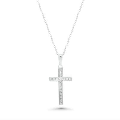 Sterling Silver Rhodium Plated Dainty Lab Grown Diamond Cross Pendant Necklace