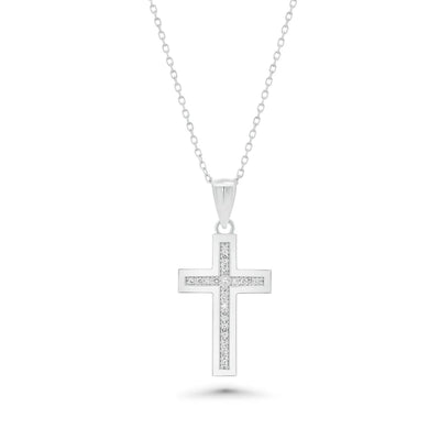 Sterling Silver Rhodium Plated Outlined Lab Grown Diamond Cross Pendant Necklace