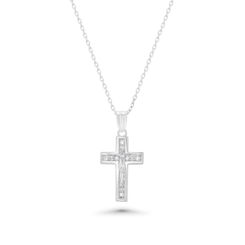 Sterling Silver Rhodium Plated Dainty Lab Grown Diamond Crucifix Pendant Necklace