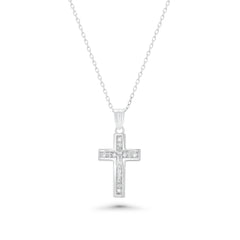 Sterling Silver Rhodium Plated Dainty Lab Grown Diamond Crucifix Pendant Necklace