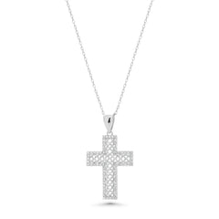 Sterling Silver Rhodium Plated Ornate Lab Grown Diamond Cross Pendant Necklace