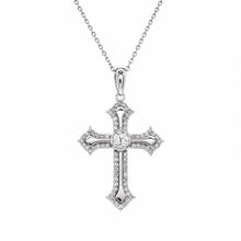 Load image into Gallery viewer, Sterling Silver Rhodium Plated Lab Grown Ornate Cross Pave Filigree Necklace