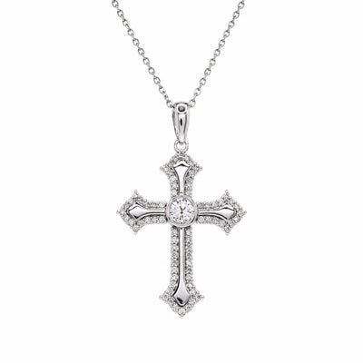 Sterling Silver Rhodium Plated Lab Grown Ornate Cross Pave Filigree Necklace