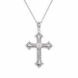 Sterling Silver Rhodium Plated Lab Grown Ornate Cross Pave Filigree Necklace