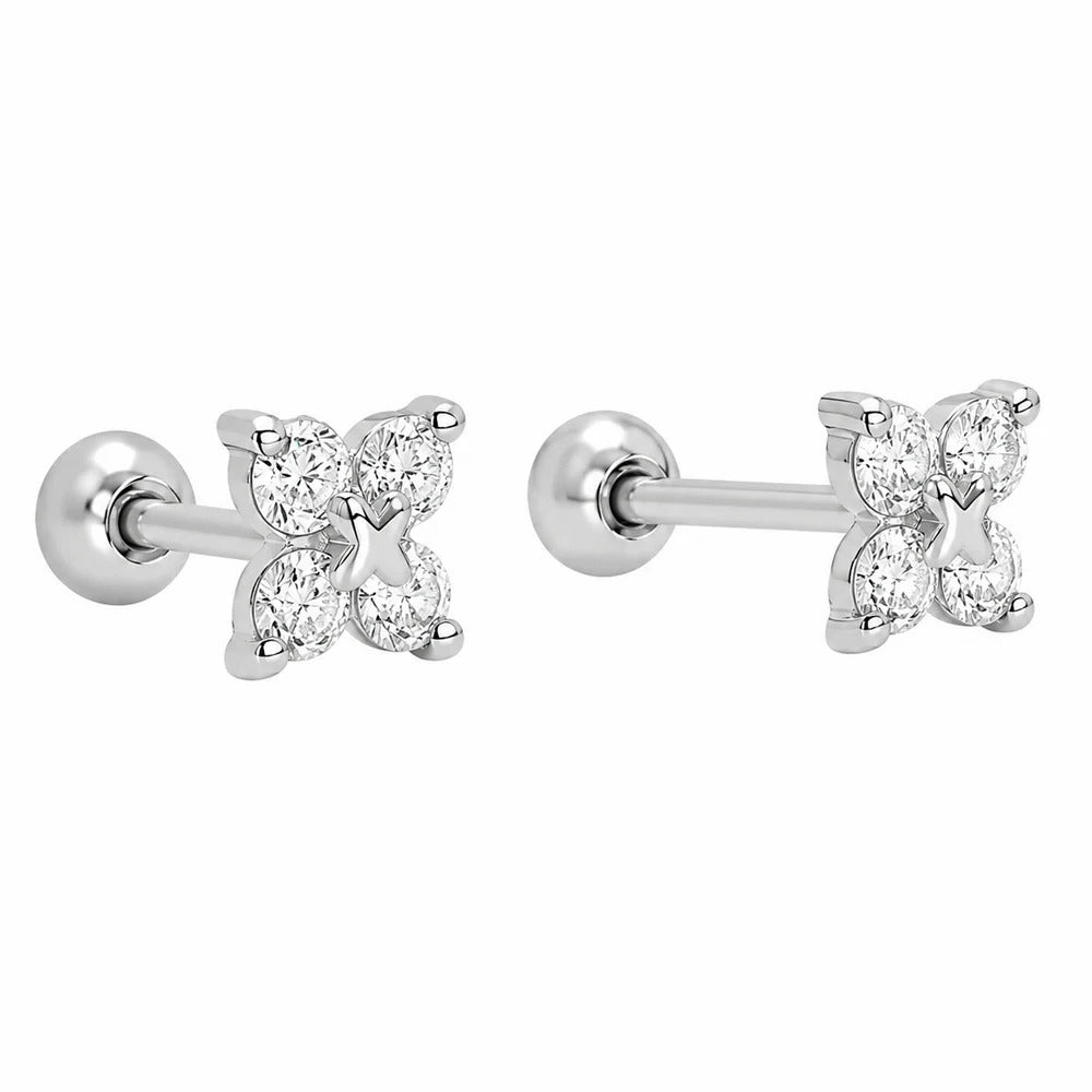 Sterling Silver Rhodium Plated Lab Grown Diamonds Clover Stud Earrings