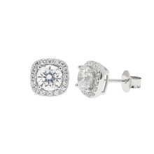 Load image into Gallery viewer, Sterling Silver Rhodium Plated Moissanite Cushion Halo Stud Earring