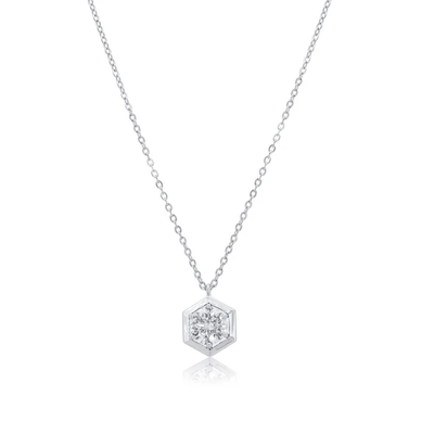 Sterling Silver Rhodium Plated Round Moissanite Hexagon Frame Adjustable Pendant Necklace