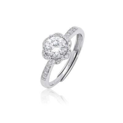 Sterling Silver Rhodium Plated Floral Halo Moissanite Engagement Ring