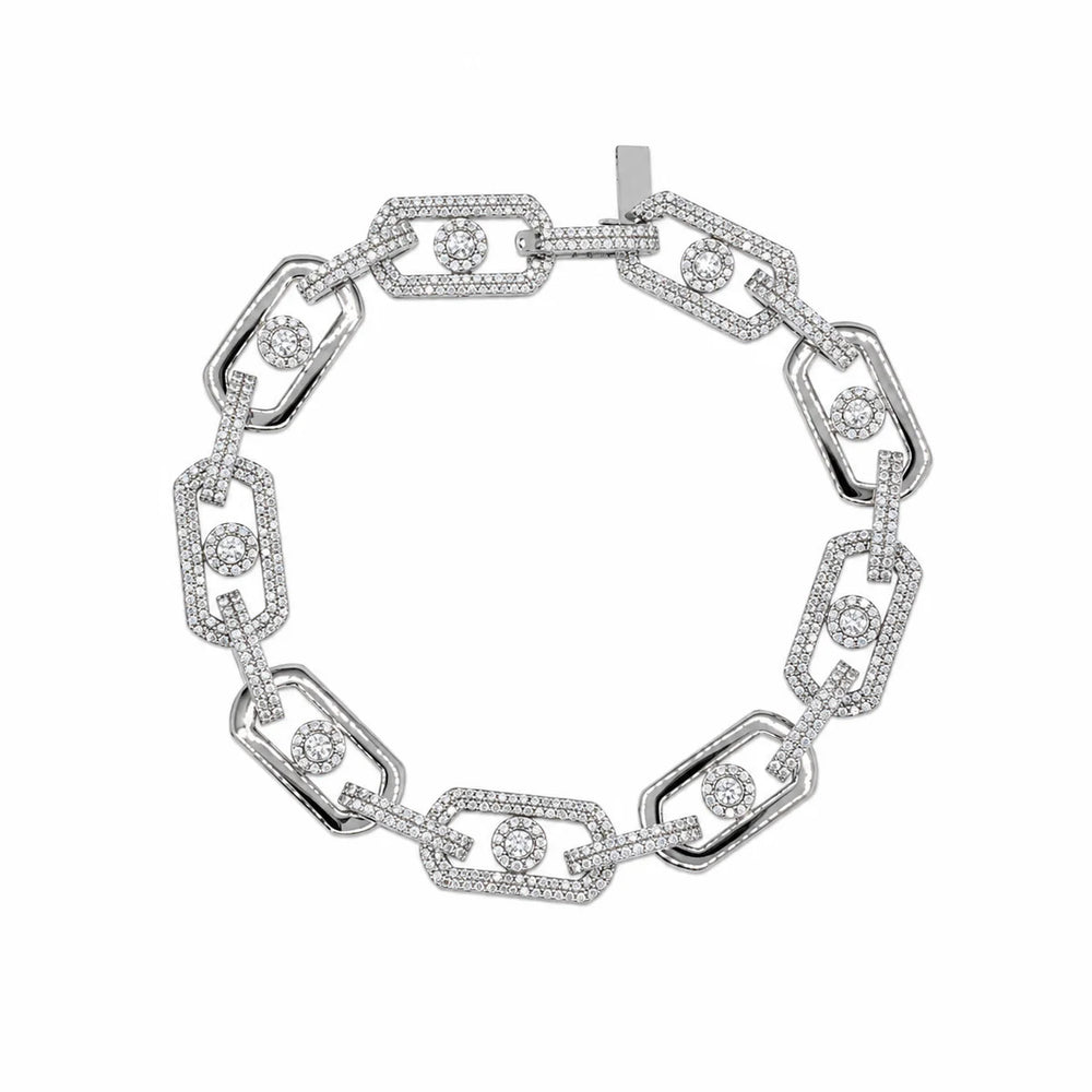 Sterling Silver Rhodium Plated Moissanite Geometric Alternating Link Pave Necklace