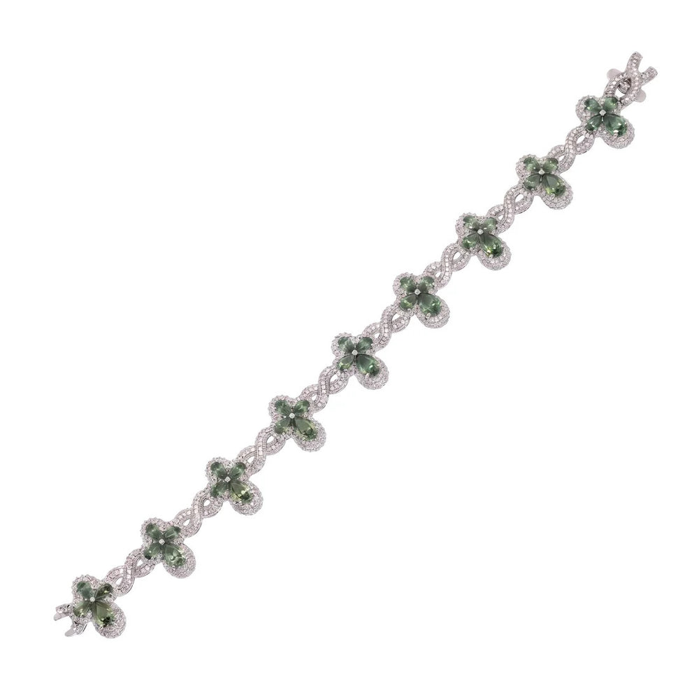 Sterling Silver Rhodium Plated Green Moissanite Infinity Cross Bracelet