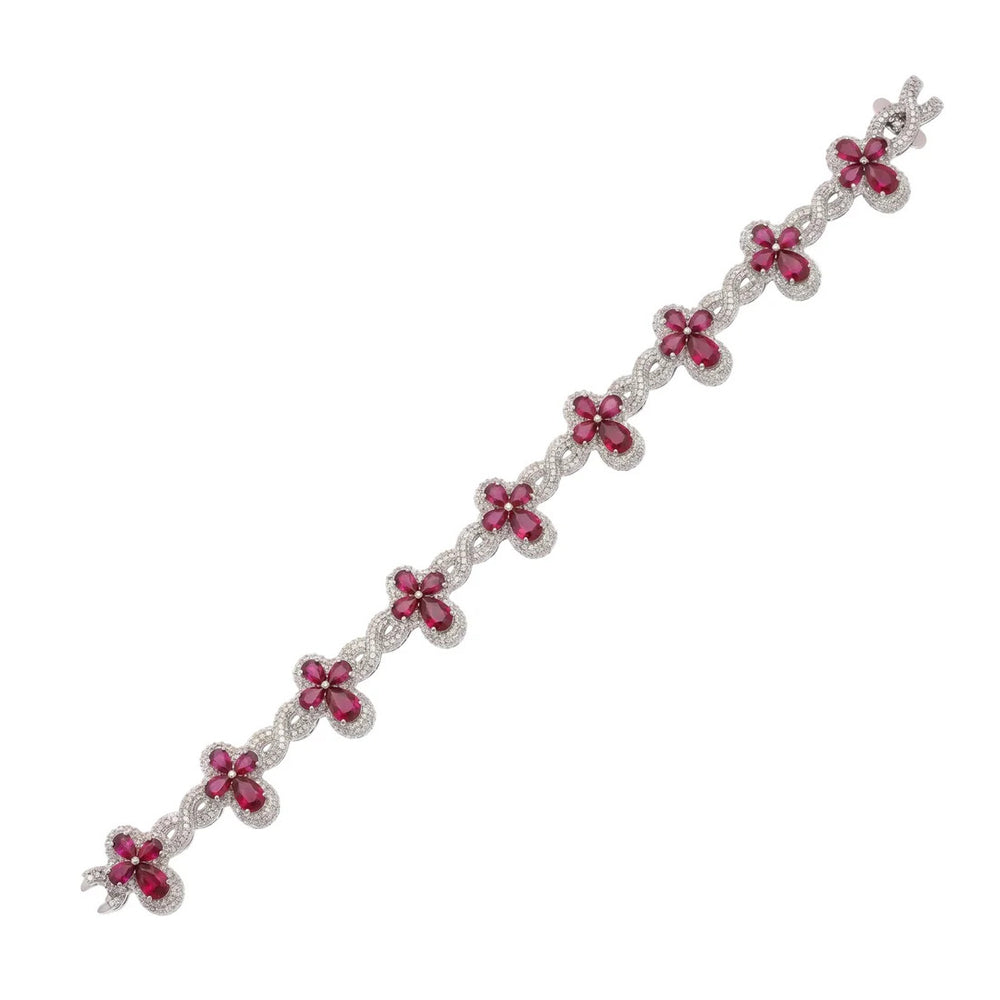 Sterling Silver Rhodium Plated Red Moissanite Infinity Cross Bracelet