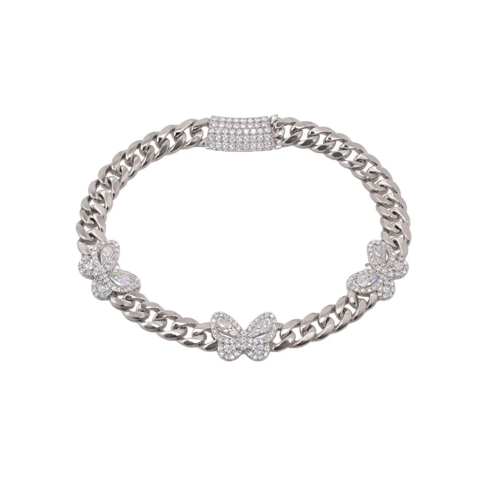 Sterling Silver Rhodium Plated Moissanite Multi Butterfly Cuban Link Bracelet