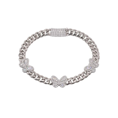 Sterling Silver Rhodium Plated Moissanite Multi Butterfly Cuban Link Bracelet