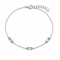 Sterling Silver Rhodium Plated Green Moissanite Dainty Baguette Charm Adjustable Bracelet