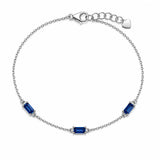 Sterling Silver Rhodium Plated Sapphire Moissanite Dainty Baguette Charm Adjustable Bracelet